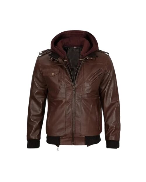 Dark Brown Hooded Leather Jacket For Men
