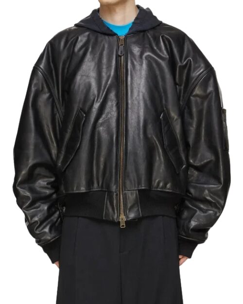 Men’s MA-1 Oversized Leather Black Bomber Jacket With Hood