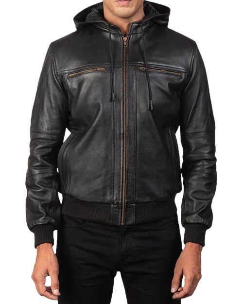 Smooth Black Hooded Leather Jacket For Men’s