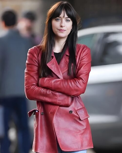 Dakota Johnson Madame Web 2024 Red Leather Coat