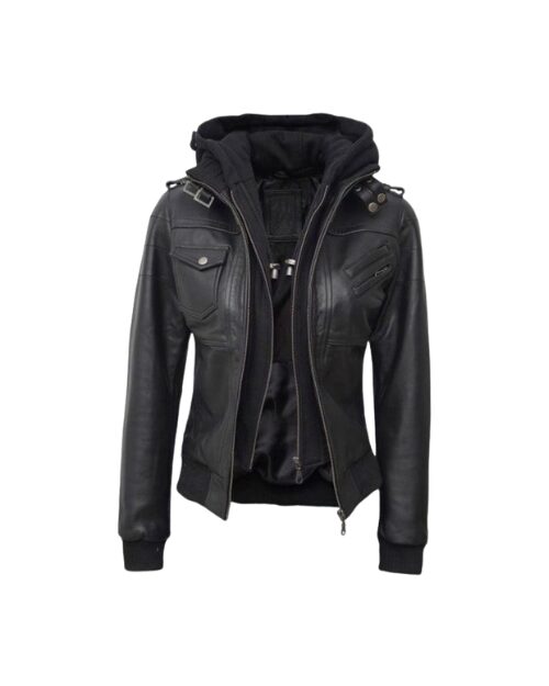 Olivia Black Real Leather Jacket With Hood
