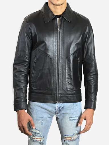 Corven Men’s Black Polo Collar Leather Jacket